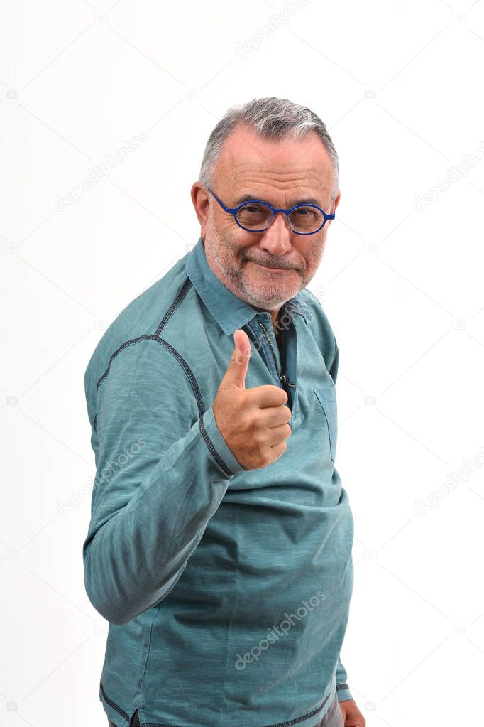 man thumps up on white background