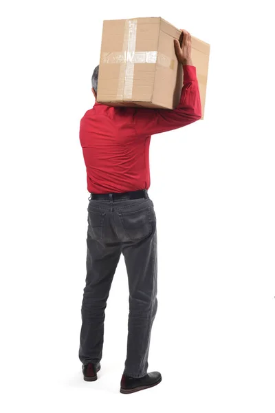 Человек с пакетом на белом фоне — стоковое фото