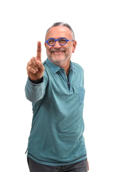 Man with finger in the shape of number on white background — Stock Photo, Image