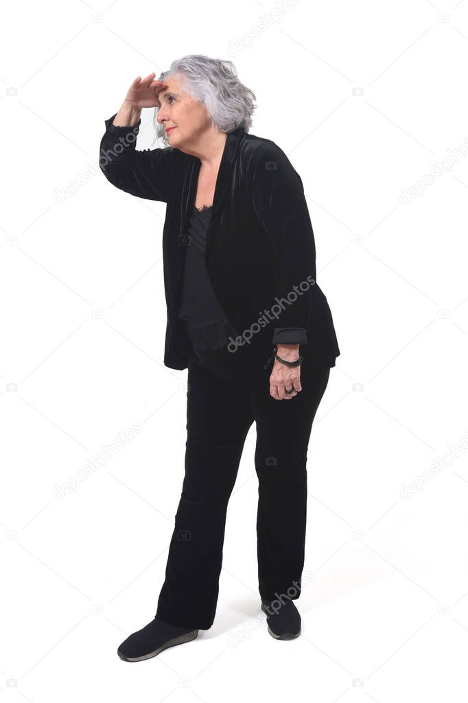 woman with hand in front looking away on white background