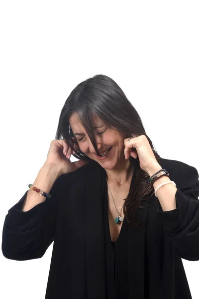 音を作る女性は白い背景に耳を傷つける — ストック写真