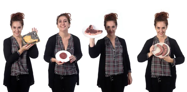 Woman with various types of meat on white background — Stock Photo, Image