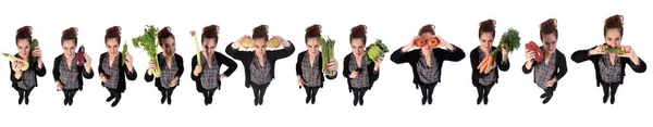 Portré egy nő különböző zöldségek fehér backgroun — Stock Fotó