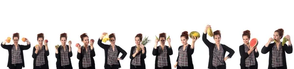 Retrato de uma mulher com frutas diferentes no fundo branco — Fotografia de Stock