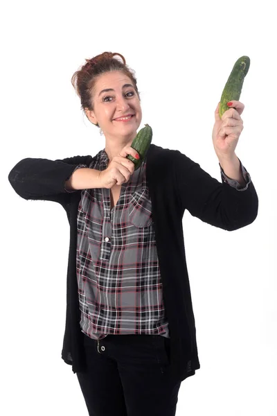 Portrait of a woman with cucumberon white background — Stock Photo, Image