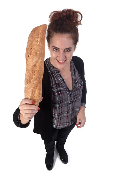 Mulher com pão sobre fundo branco — Fotografia de Stock