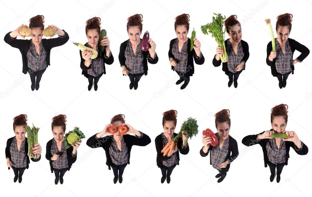 portrait of a woman with different vegetables in white backgroun