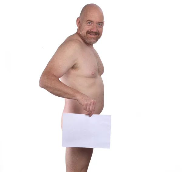 Hombre Desnudo Cubriendo Con Papel Blanco Mismo Sobre Fondo Blanco — Foto de Stock
