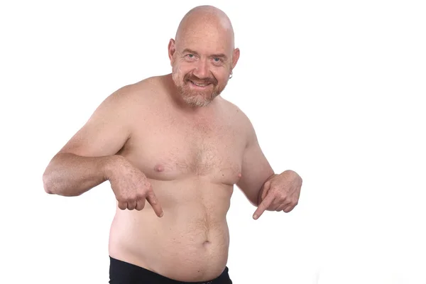 Hemdloser Mann Der Deinen Bauch Auf Weiß Zeigt — Stockfoto