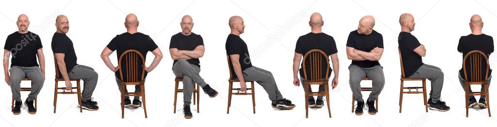 large group of same man with sportswear sitting with a chair on white background, side view, front view, back view,