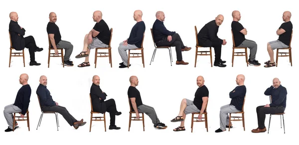 Stejný Muž Pohled Různých Oblečení Sedí Bílém Pozadí Boční Pohled — Stock fotografie