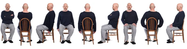 Grande Grupo Mesmo Homem Pijama Sentado Uma Cadeira Fundo Branco — Fotografia de Stock