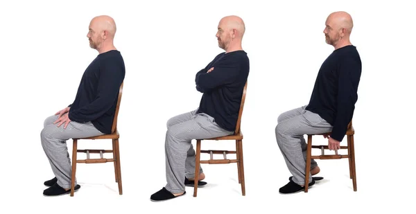 Grupa Tego Samego Człowieka Piżamie Siedzi Krzesło Białym Tle Widok — Zdjęcie stockowe