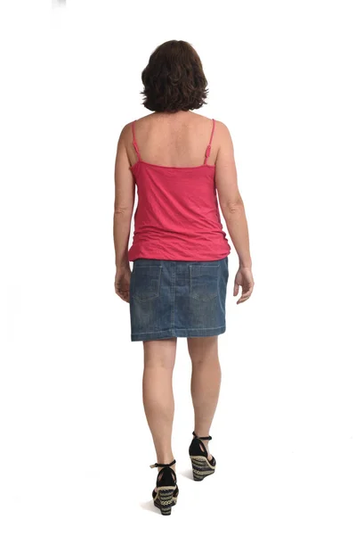 Rear View Woman Walking Denim Skirt White Background — Stock Photo, Image