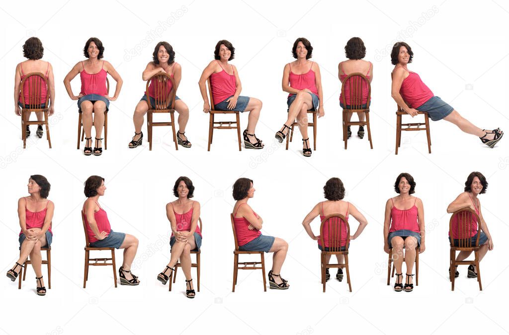 large group of same woman in skirt sitting on white background, front,side and rear view