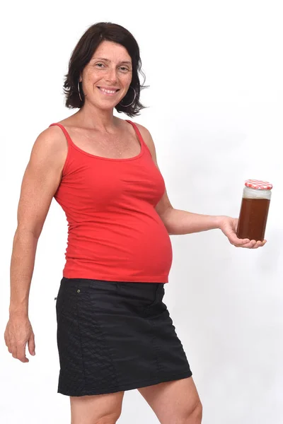 Schwangere Hält Honig Auf Weißem Hintergrund — Stockfoto