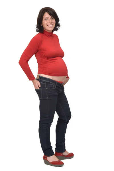 Sida Bild Hela Porträttet Gravid Kvinna Med Casual Kläder Händer — Stockfoto