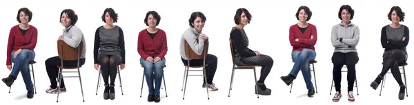 Ίδια Γυναίκα Διαφορετικά Ρούχα Κάθεται Μια Καρέκλα Λευκό Φόντο — Φωτογραφία Αρχείου