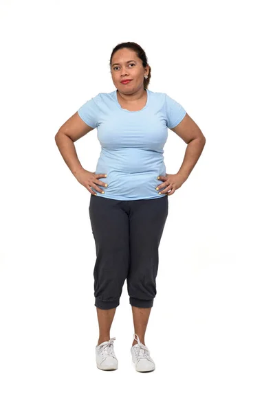 Mujer Con Ropa Deportiva Sobre Fondo Blanco Manos Cadera — Foto de Stock