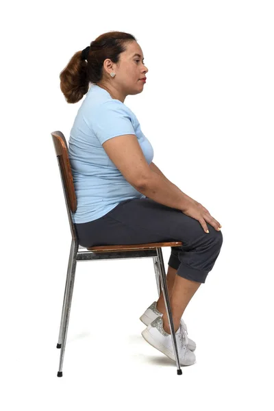 Side View Woman Sitting Chair Look Side White Background — Stock Photo, Image