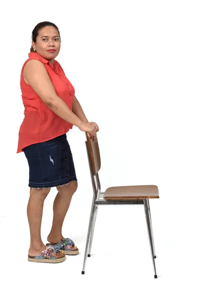 Full Portrait Latinwoman Skirt Playing Chair White Background — Stock Photo, Image