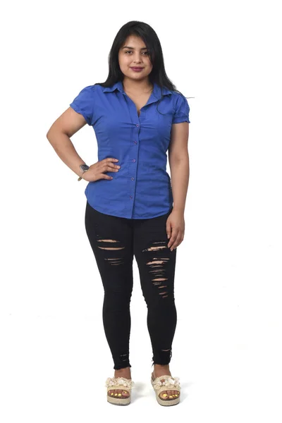 Retrato Completo Una Chica Latinoamericana Sobre Fondo Blanco Mano Sobre — Foto de Stock