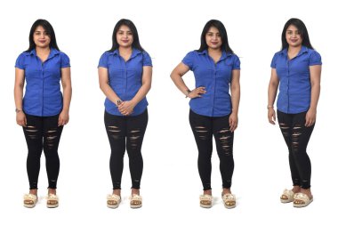 view of the same latino americana woman standing in different poses on white background clipart