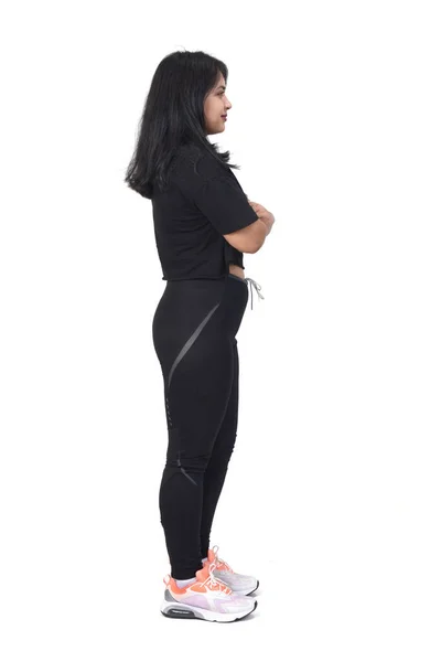 Vista Lateral Uma Mulher Latina Com Sportswear Olhando Para Lado — Fotografia de Stock