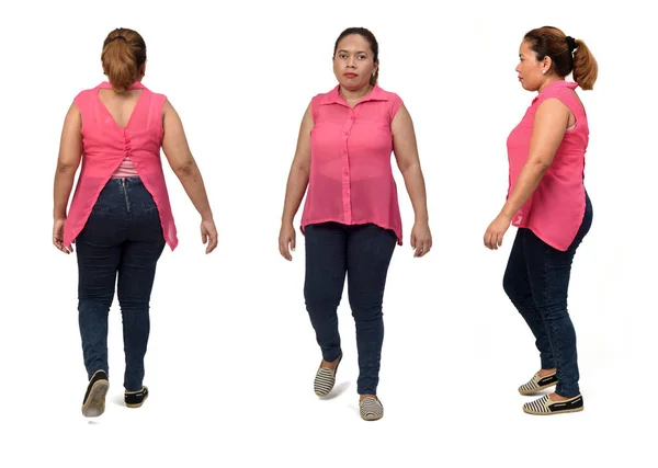 Same Woman Walking White Background Side Front Rear View — Stock Photo, Image