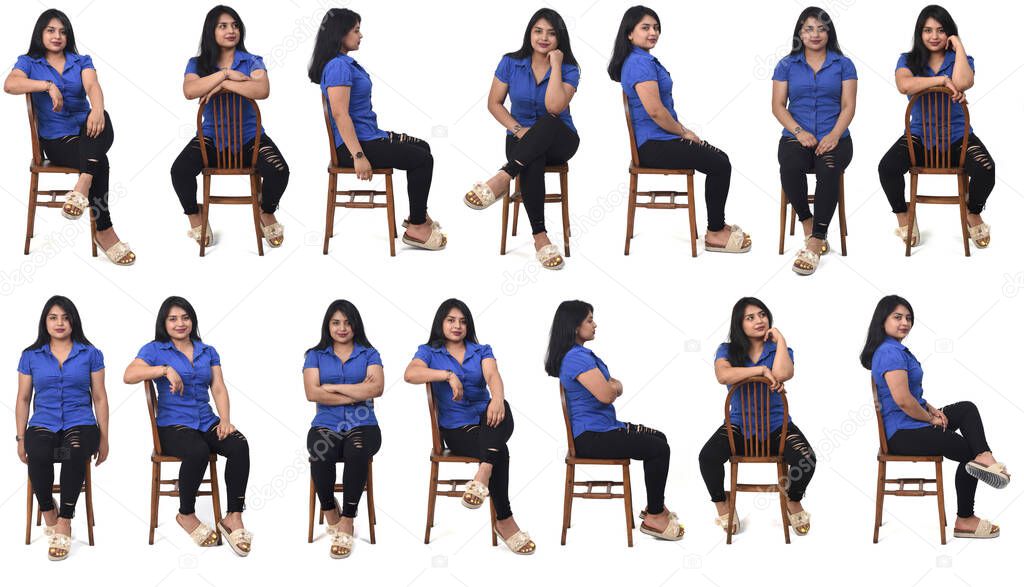 large group of same latin woman sitting on a chair front and sive view on white background