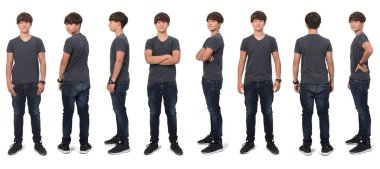 Beyaz arka planda ön, arka ve yan manzaralı geniş bir grup genç çocuk.