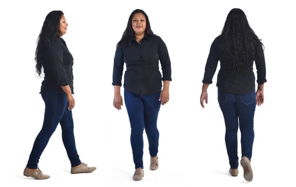 Vista Lateral Frontal Traseira Uma Mesma Mulher Latino Americana Andando — Fotografia de Stock