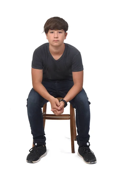 Front View Teenage Boy Sitting Chair White Background — Stock Photo, Image