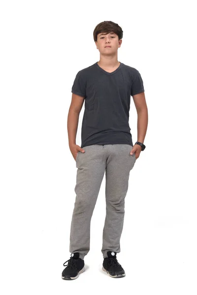 Přední Pohled Cool Teenager Chlapec Sobě Sportovní Oblečení Stojící Bílém — Stock fotografie