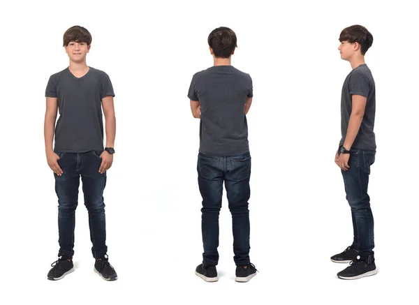 Front Side Back View Same Teenage Boy White Background — Stock Photo, Image