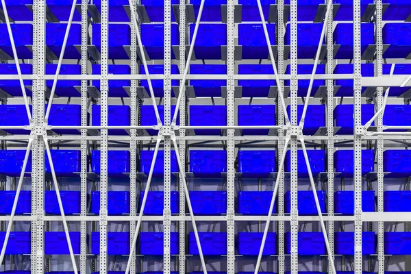 Gran Pared Grandes Contenedores Plástico Azul Pilas Cajas Almacén Distribución —  Fotos de Stock