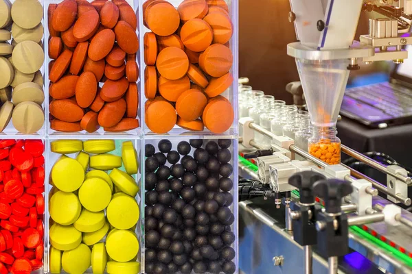 stock image Abstract scene of Colorful of prescription tablets, capsules pills in a medicine dose and Tablet / Capsule counting machine conveyor in production line of pharmaceutical industry.