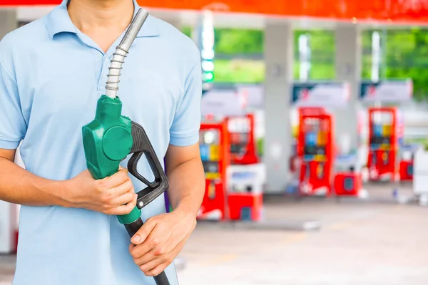 Man Hold Fuel Nozzle Add Fuel Car Gas Station — Stock Photo, Image