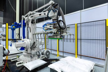 Endüstriyel robot kol üretim hattı üreticisi fabrikasında çuval tutma.