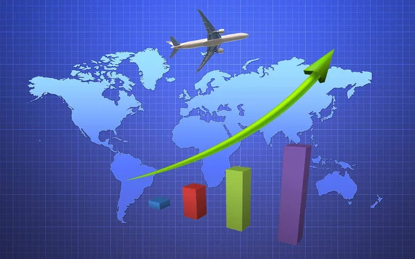 The graph of airplane business on the world map background. Elements of this image furnished by NASA.