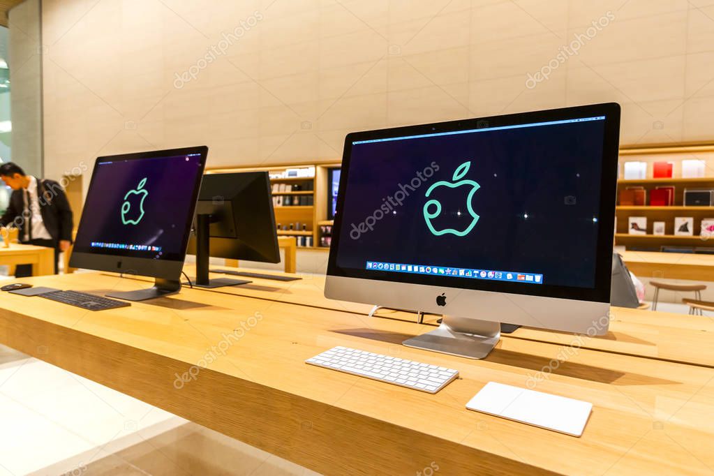 Bangkok, Thailand - November 9, 2018 : Apple store shopfront logo was shown on lcd screen display of iMac computer in ICONSIAM shopping mall.