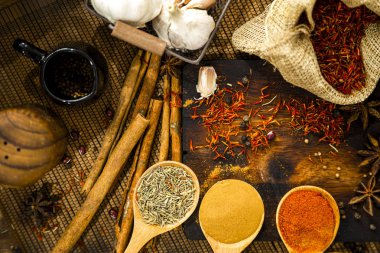 Mutfak baharatları ve otlar, sıcak kırmızı biber, beyaz p üst görünümü