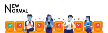 İnsanlar koruyucu maske takıyor ve yüz maskesi takarak CoVID-19 sırasında mekik otobüsü, metro, tren ve gökyüzü trenine sosyal mesafeyi açıyor. Covid-19 salgınından sonra günlük yeni normal davranış tarzı.