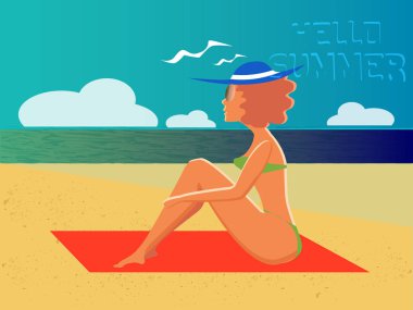 Bir plajda güzel bir kadın. Yaz konsepti. Vektör çizim düz tasarım.