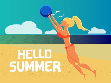 Güzel atletik kadın voleybol plaj oynamak. Yaz tema. Vektör düz çizim