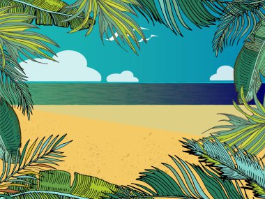 Plaj, deniz, Palm ile vektör yaz tropikal arka plan bırakır. Karikatür manzara. 