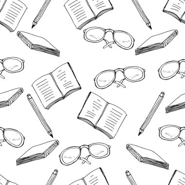 Vektör okul malzeme ile seamless modeli. Elle çizilmiş arka plan. Copybooks, ders kitapları, kalemler, gözlük. Geri okul kavramı.