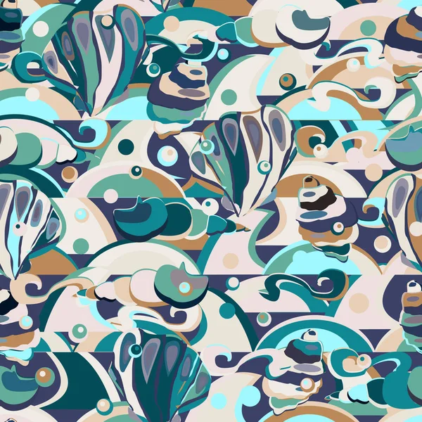 Underwater Life Seashells Waves Cute Seamless Pattern Vector Background Your — Stock Vector