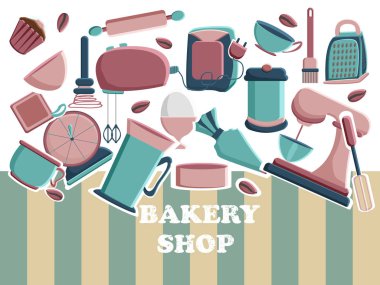 Pastane dükkanı için banner. Pasta maker için araçlar. Vektör çizim.