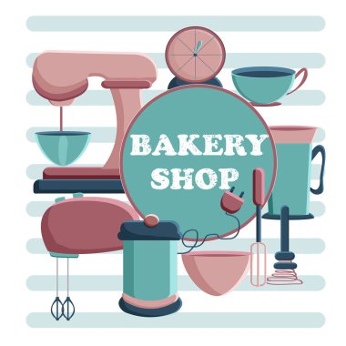 Pastane dükkanı için banner. Pasta maker için araçlar. Vektör çizim.